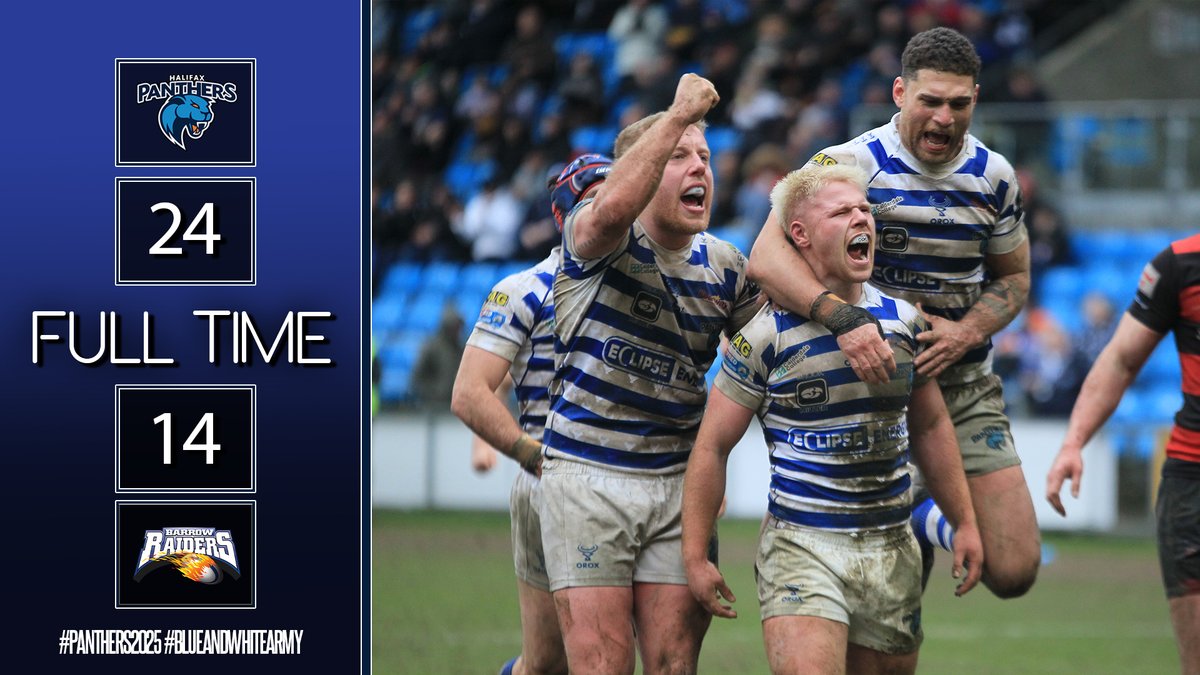 FULL TIME Halifax Panthers 24 - 14 Barrow Raiders

12 Man Panthers secure first home league win with determined victory at The Shay. Second half score from Tom Inman helps Fax to well deserved win in Betfred Championship 🔵⚪️🐾👏

#Panthers2025 #BAWA #WinnersAreGrinners