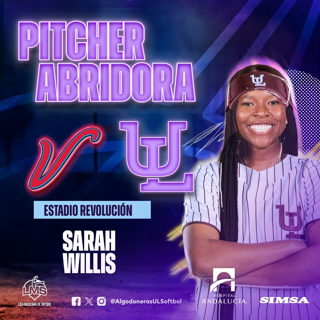 AlgodonerasUL's tweet photo. Sarah Willis es nuestra pitcher abridora para el juego de hoy💪🏻

Presentado por #HospitalAndalucía #SIMSA 

#LaRevoluciónApenasComienza 😎🥎 https://t.co/cCp6QdcORV