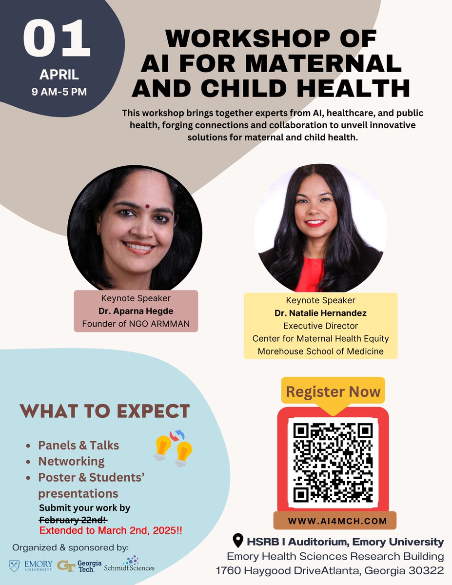 Kai Wang (@kaiwang_gua) on Twitter photo We are organizing the AI for Maternal and Child Health workshop @ Atlanta. Come attend talks and panel discussions on ongoing challenges and opportunities. More info: ai4mch.com
📅 Date: Apr 1st, 2025
🎓 Student abstract deadline: Mar 2nd, 2025
<a href="/azraism/">Azra Ismail</a> <a href="/yutienhsu/">Yu-Tien Hsu</a> We are organizing the AI for Maternal and Child Health workshop @ Atlanta. Come attend talks and panel discussions on ongoing challenges and opportunities. More info: ai4mch.com
📅 Date: Apr 1st, 2025
🎓 Student abstract deadline: Mar 2nd, 2025
<a href="/azraism/">Azra Ismail</a> <a href="/yutienhsu/">Yu-Tien Hsu</a>