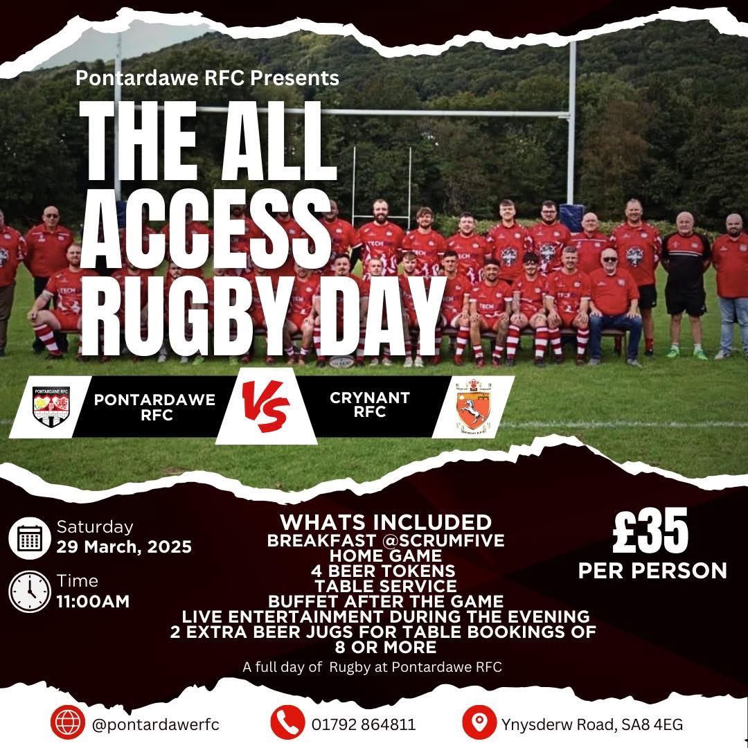Join us March 29th, Starting at 11am for a full day of rugby at Pontardawe RFC!