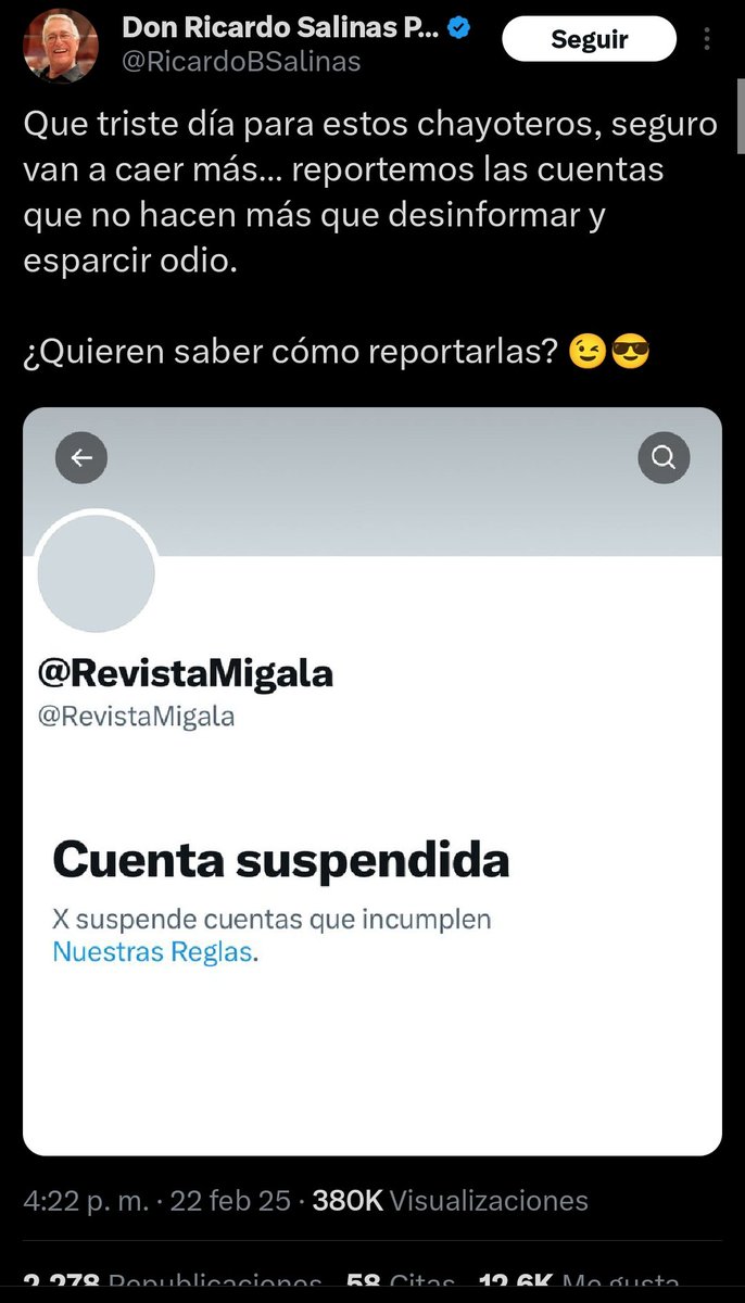 El twit de Migala, es lo que diría cualquier Palestino
La gente celebra la censura más descarada y vil ante toda la propaganda de mierda que se viene contra México y su población.
Ni me voy a olvidar de todos los pendejos que lo celebran o lo acusan de terrorismo