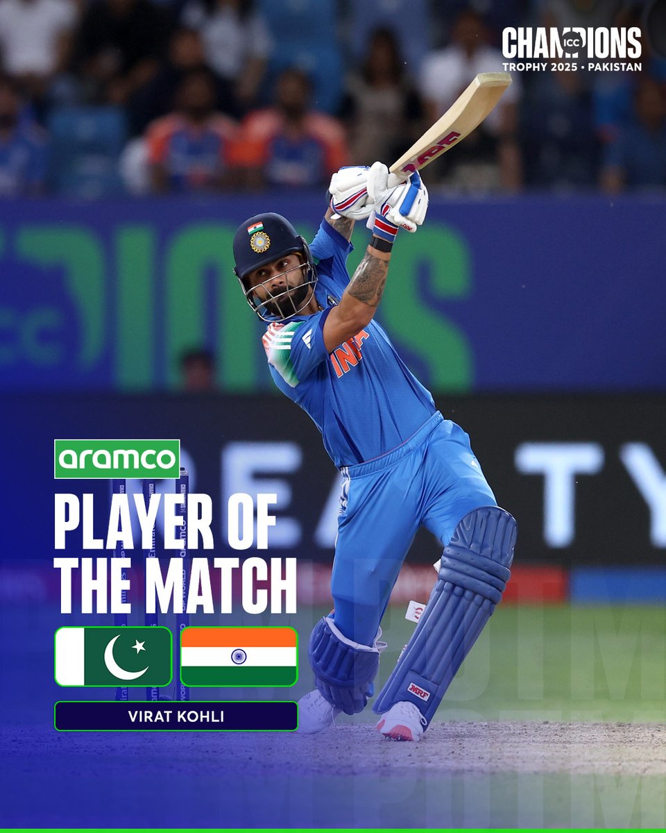 ICC's tweet photo. Big match, big moment, Virat Kohli delivers 👏
 
A chasing masterclass against Pakistan earns him the @aramco POTM 🎖️
 
#ChampionsTrophy https://t.co/BRTc61g3pG