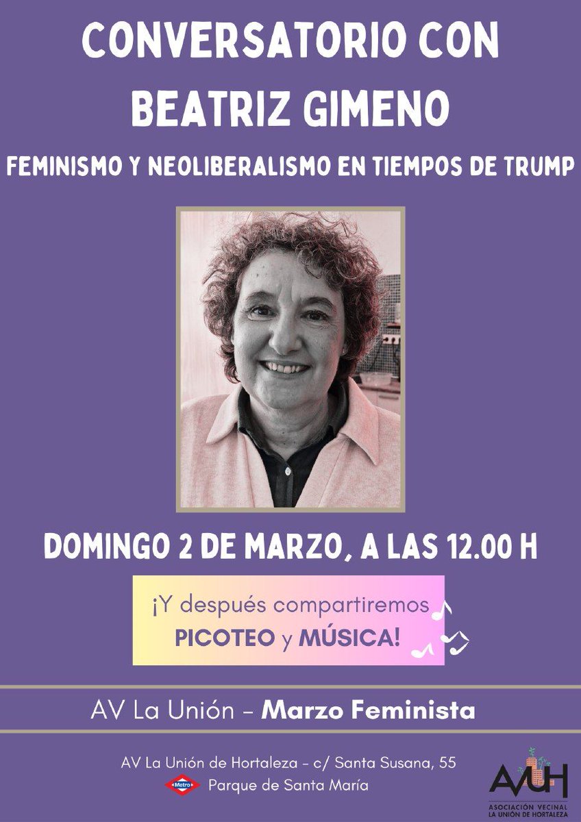 AVLaUnion's tweet photo. ¿Cómo hemos llegado hasta aquí?
¿Qué tiene que ver el antifeminismo con la ultraderecha global? Nos vemos el próximo domingo 2/marzo
12.00 h en La Unión, para conversar de todo esto con Beatriz Gimeno.
Luego seguimos comentando con picoteo+música en
AV La Unión de Hortaleza 💪♀️ https://t.co/zC938r5T1G