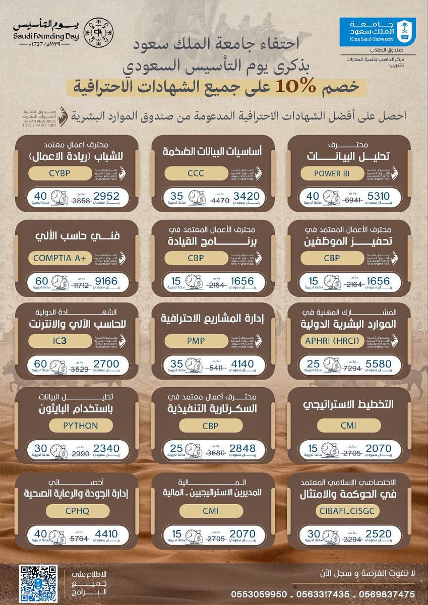 KSAU_HS_Alumni's tweet photo. خريجونا، تطوير مهاراتكم المهنية يبدأ من هنا.

بمناسبة يوم التأسيس، جامعة الملك سعود تقدم خصم 10٪ على جميع الشهادات الاحترافية المعتمدة. من تحليل البيانات والبرمجة إلى القيادة وإدارة المشاريع، هذه فرصتك لاكتساب مهارات مطلوبة في سوق العمل وتعزيز سيرتك الذاتية.

التفاصيل والتسجيل: https://t.co/CQIWNbI1HV