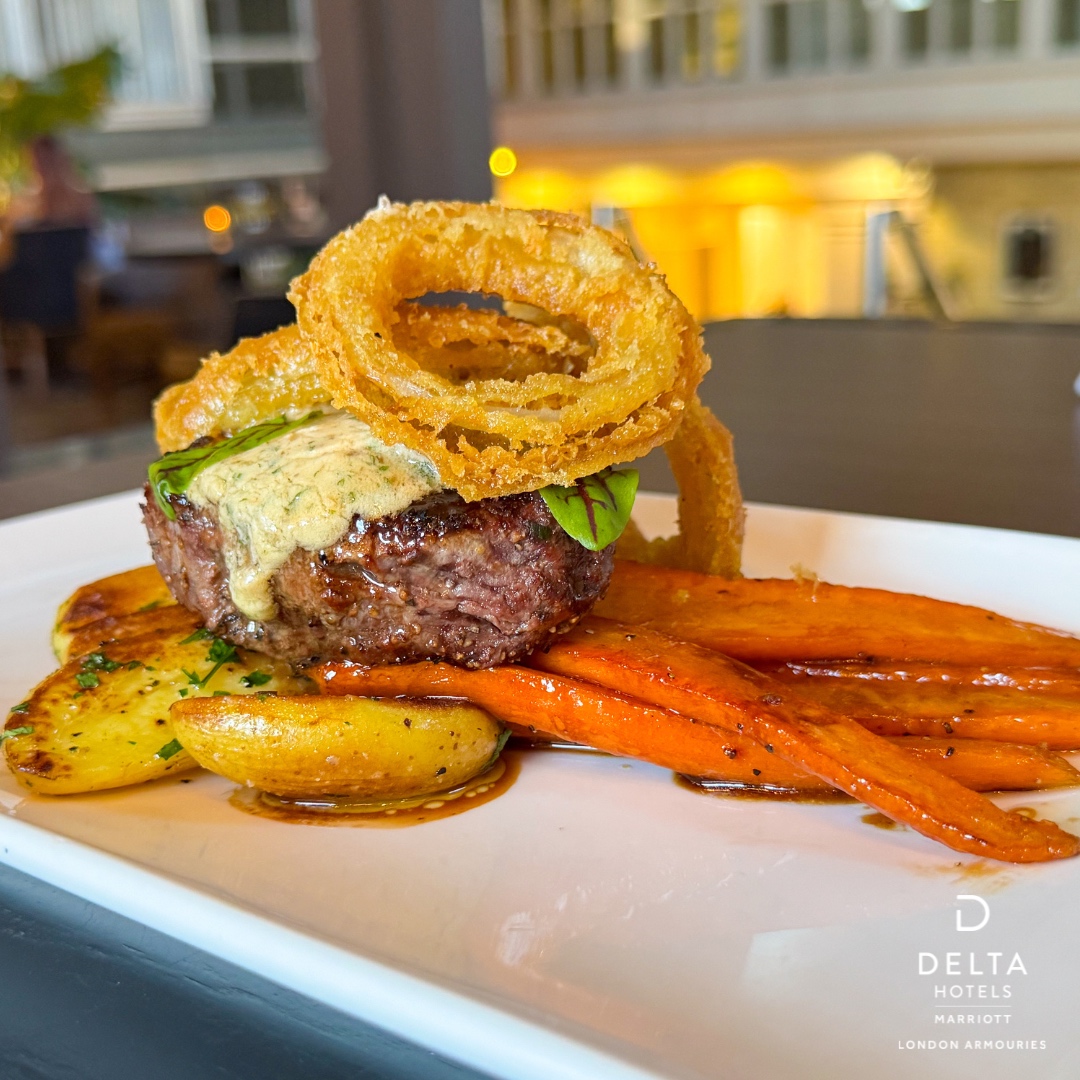 DeltaLondon's tweet photo. A meal worth savouring. 🥩✨

Indulge in our 6oz Baseball Steak, perfectly cooked and topped with whipped mushroom &amp; miso butter, served alongside balsamic-glazed roasted carrots, poached fingerling potatoes, and crispy fried onion rings. Every bite is a flavourful experience.... https://t.co/lJYTlzIjte