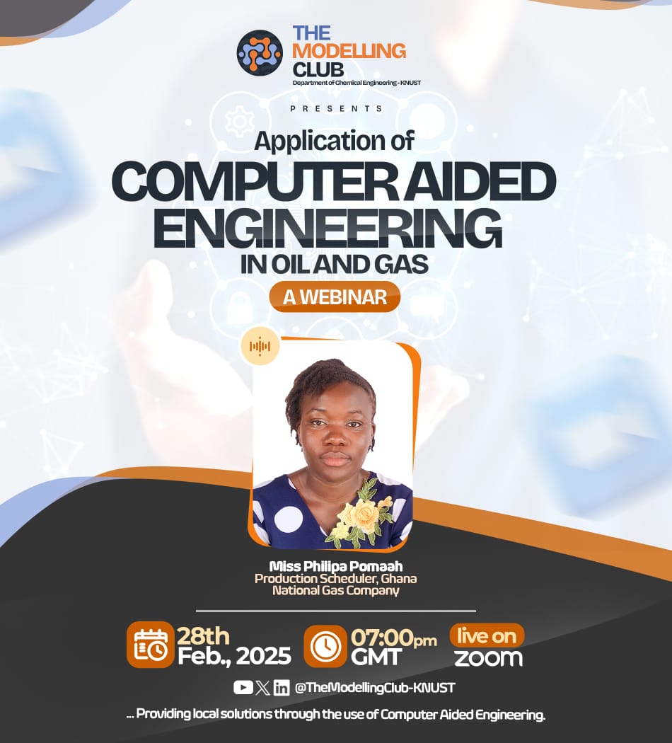 ClubModelling's tweet image. Discover the Power of Computer-Aided Engineering in Oil &amp;amp; Gas!

The Modelling Club, KNUST, invites you to an engaging webinar on the Application of Computer-Aided Engineering in Oil and Gas with Miss Philipa Pomaah 
📅 Date: 28th February 2025
⏰ Time: 07:00 PM GMT
📍 Zoom