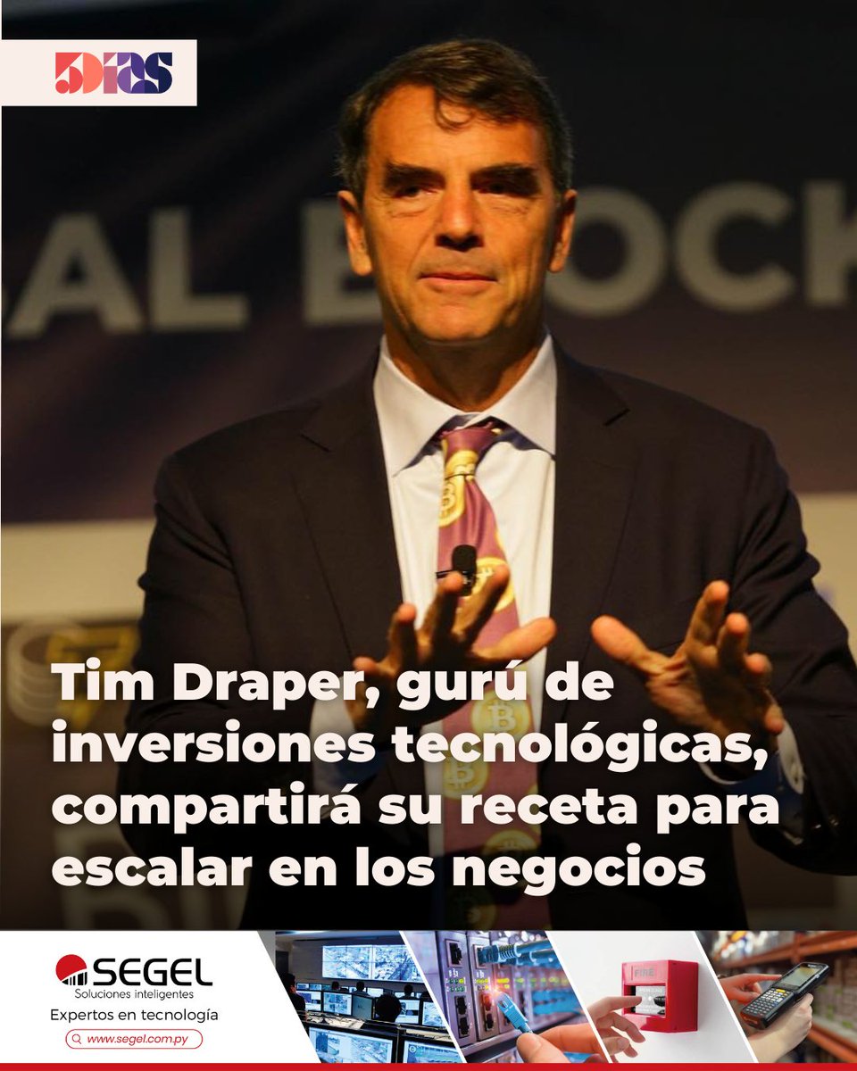 De Silicon Valley a Paraguay 🔝📈

🔹 Tim Draper, uno de los inversores de capital más influyentes y visionarios del planeta, llega a Asunción el próximo martes 4 de marzo para un exclusivo conversatorio.

🔹 Draper fue de los primeros inversores en Tesla, SpaceX, Bitcoin, y un