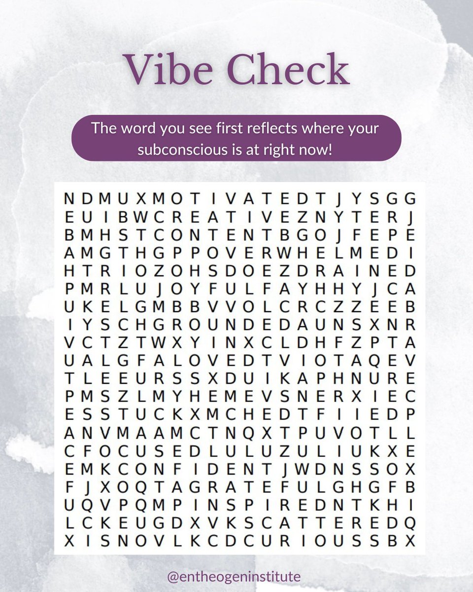 EntheoTraining's tweet photo. ✨ Vibe Check! ✨

The word you see first reflects where your subconscious is at right now. 🌿

What’s the first word you saw? Drop it in the comments and let us know what it means to you! 💬

#VibeCheck #SubconsciousMind #InnerJourney #SelfReflection #MindfulMoments https://t.co/yxy1Vtue74