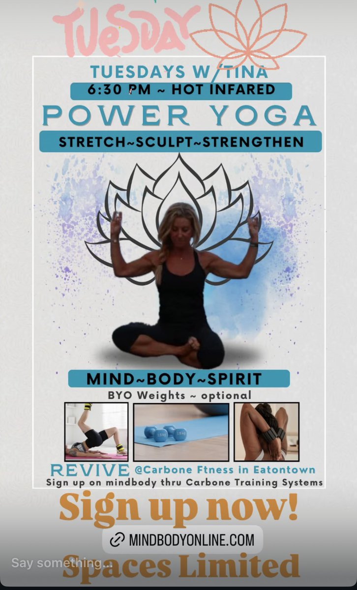 Power up with Hot Power Yoga @revive_by_carbone every 
Tuesday @ 6:30pm
Come experience the amazing benefits of an infrared heated practice: 🔥Deeper Muscle Relaxation, Flexibility, Focus, Mindfulness, Sleep &amp; so much more! 
Sign up! Spaces Limited!
👉🏼Get the mindbody app! 🤌🏼🪷