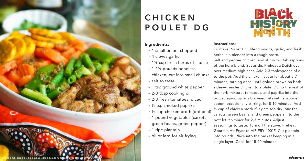 gourmia's tweet photo. Celebrate Black History Month with Chicken Poulet DG made in the Gourmia Air Fryer! 🌍 A flavorful Cameroonian dish full of rich spices and tender chicken, honoring African culinary traditions. ✊🏾 #BHM #PouletDG #AfricanCuisine | https://t.co/XxLPJaQRTw https://t.co/oqgSUyF7RG