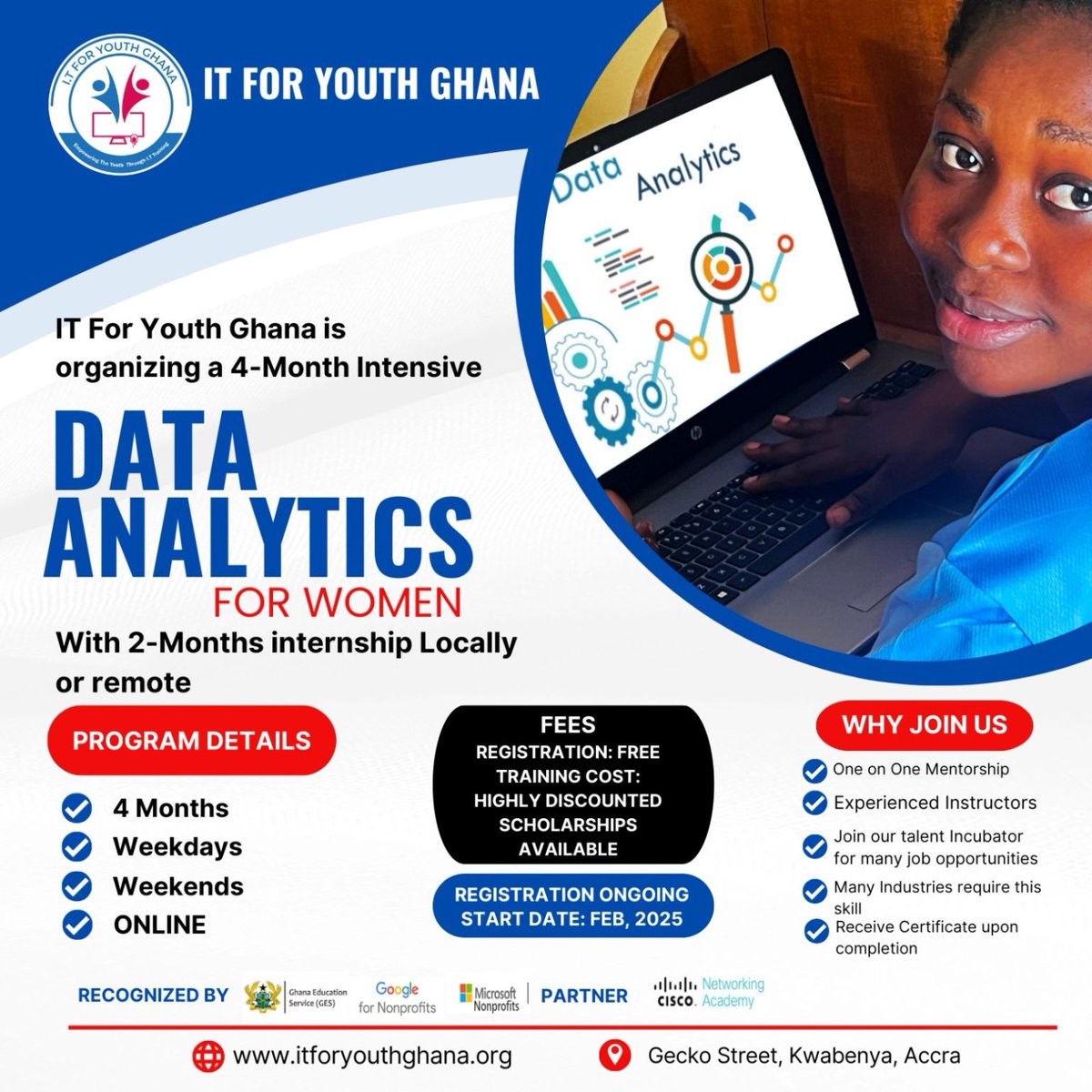 ITFORYOUTHGHANA's tweet photo. https://t.co/9X4SRWVpyR
🚀 Calling all female graduates &amp; students! Join our Data Analytics 📊 program for job opportunities locally &amp; remotely.

💻 Online &amp; In-Person | ⏳ 4 Months | 🎓 Scholarships Available
Learn from global experts (US, Europe, Ghana). Limited seats—Apply now https://t.co/3fC4WaCjUK