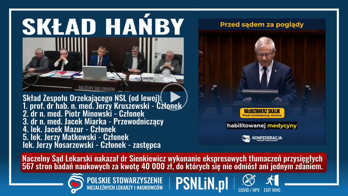 🟥SKŁAD HAŃBY NACZELEGO SĄDU LEKARSKIEGO!
➡️Poseł Włodzimierz Skalik odczytuje w Sejmie RP SKŁAD HAŃBY NSL oburzony wyrokiem pozbawiającym dr Sienkiewicz prezesa PSNLiN prawa wykonywania zawodu za ostrzeganie dzieci przed "szczepionkami" przeciw Covid-19
🔗rumble.com/v6odatr-pose-s…