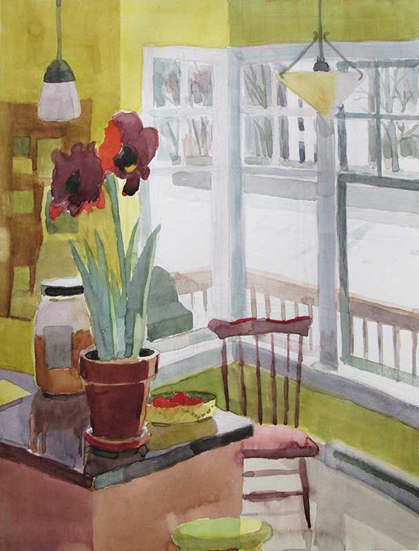 Carole Rabe 
Work on Paper 
Beautiful painting of this interior 
Calm and peaceful 
Walls shades of greenish yellow.