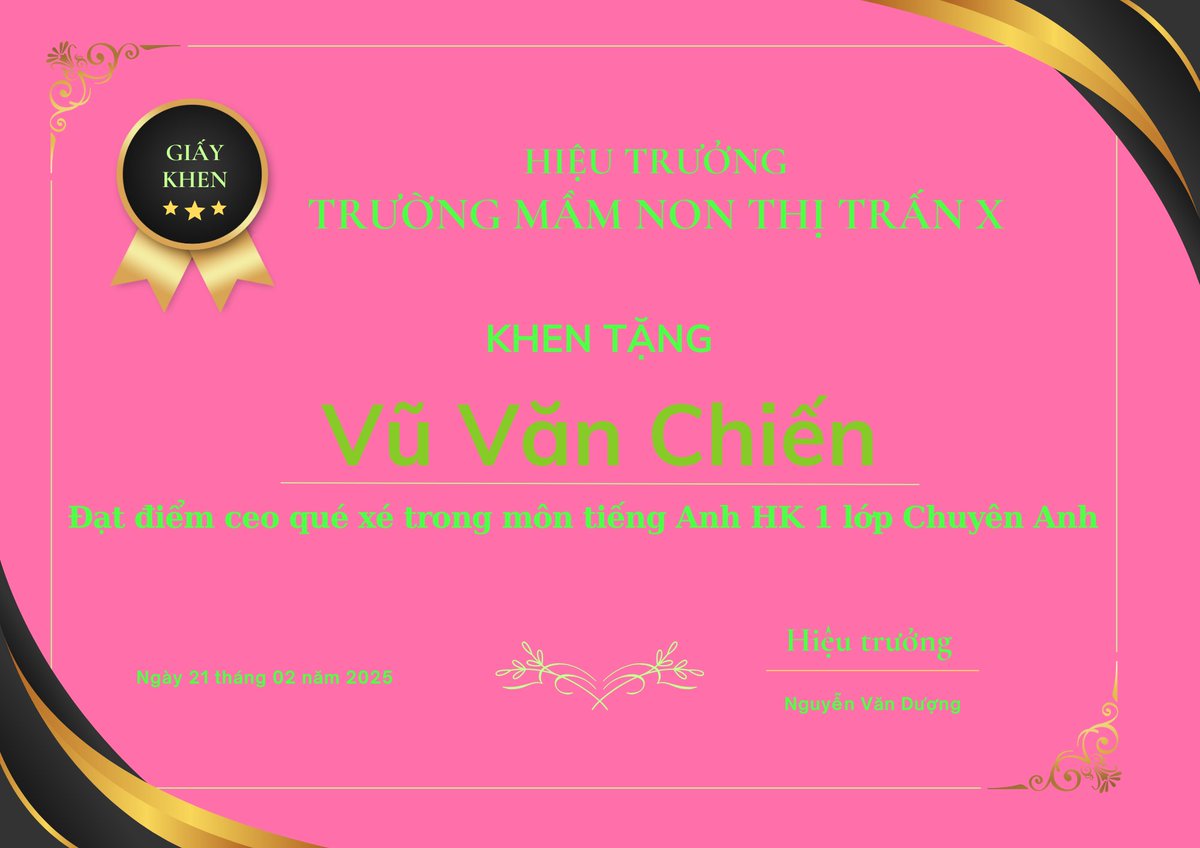 Nay nhận được giấy khen từ Hiệu trưởng Thị trấn X, vui qué 😍. Bao năm rồi nay với lại được nhận giấy khen kaka.
Con cảm ơn Dượng <a href="/Tony_Buoi_Sang/">Tony Buổi Sáng</a> đã tạo ra thị trấn để mn có cơ hội học tập, em cảm ơn cô giáo <a href="/tranttranghn/">Trang Tran | Talia</a> đã sớm khuya dạy dỗ cả lớp