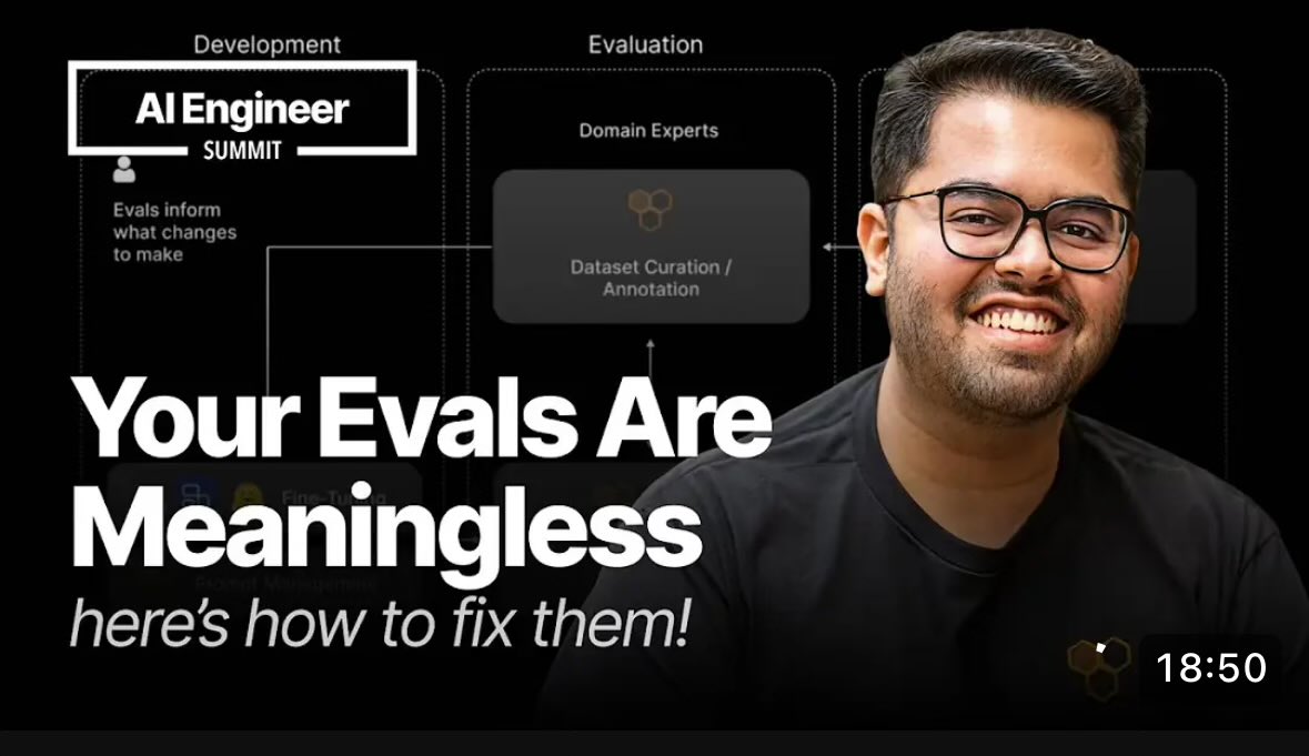 Mohak Sharma (@mohak__sharma) on Twitter photo Evals are all the rage but most people are doing them wrong ❌
- You’re measuring pointless templated metrics
- Your test cases look nothing like real user queries
Excited to share what’s worked for our customers. Thanks <a href="/swyx/">shawn swyx wang</a> for the opportunity!
youtu.be/3jwClx0Ft2E?si… Evals are all the rage but most people are doing them wrong ❌
- You’re measuring pointless templated metrics
- Your test cases look nothing like real user queries
Excited to share what’s worked for our customers. Thanks <a href="/swyx/">shawn swyx wang</a> for the opportunity!
youtu.be/3jwClx0Ft2E?si…