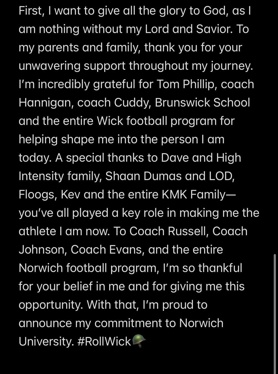 AGTG! Blessed to announce my commitment to Norwich University extremely grateful for everyone apart of the journey #RollWick🪖
