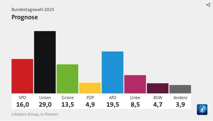 Mantidos esse resultados, uma grande coalizão, formada por CDU e Social Democratas seria suficiente para obter maioria no parlamento. Essa é uma excelente notícia para Merz, pois evitaria a necessidade de uma coalizão de três ou mais partidos.