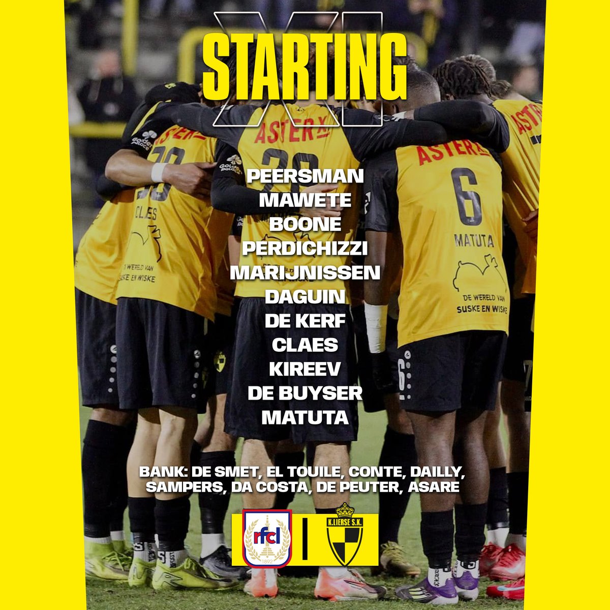 De opstelling voor onze uitwedstrijd bij <a href="/rfcliege/">RFC Liège</a> . #LUILIE