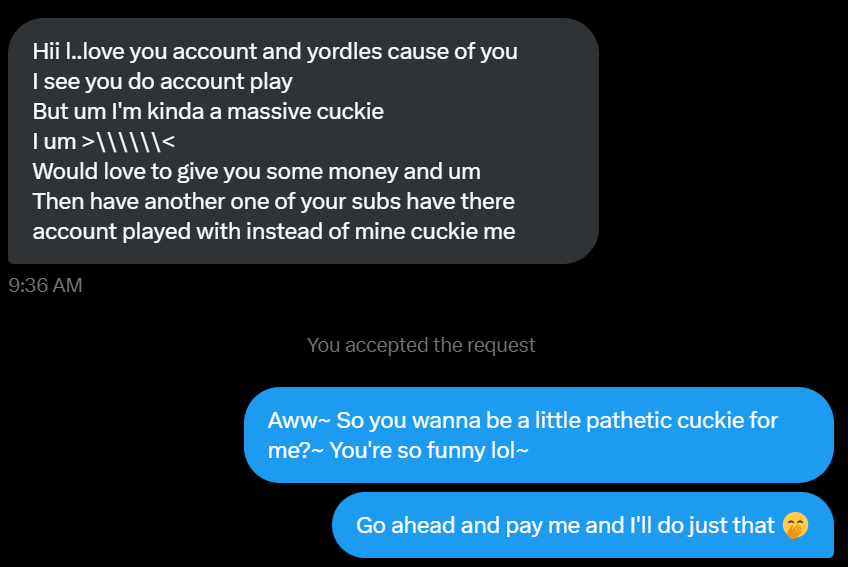 Mistress_LuluXO's tweet photo. This cuck just paid me to take over another subs account lol♥️

Dm me if you want to have the honor of getting your account infected by me💋

#accountplay #findom #2dfd https://t.co/9jfndXOs5b