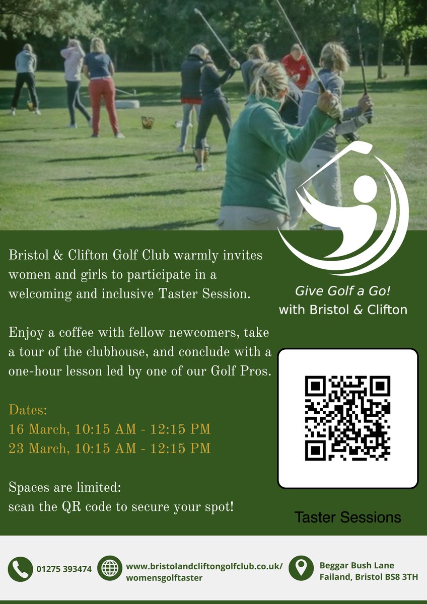Glos Ladies Golf (@glcga) on Twitter photo Free golf taster sessions for women/girls at <a href="/BandCGolfClub/">Bristol & Clifton GC</a> on 16 & 23 March between 1015-1215 hrs. Limited spaces available so book NOW!! Scan the QR code or register at: bristolandcliftongolfclub.co.uk/womensgolftast… Free golf taster sessions for women/girls at <a href="/BandCGolfClub/">Bristol & Clifton GC</a> on 16 & 23 March between 1015-1215 hrs. Limited spaces available so book NOW!! Scan the QR code or register at: bristolandcliftongolfclub.co.uk/womensgolftast…
