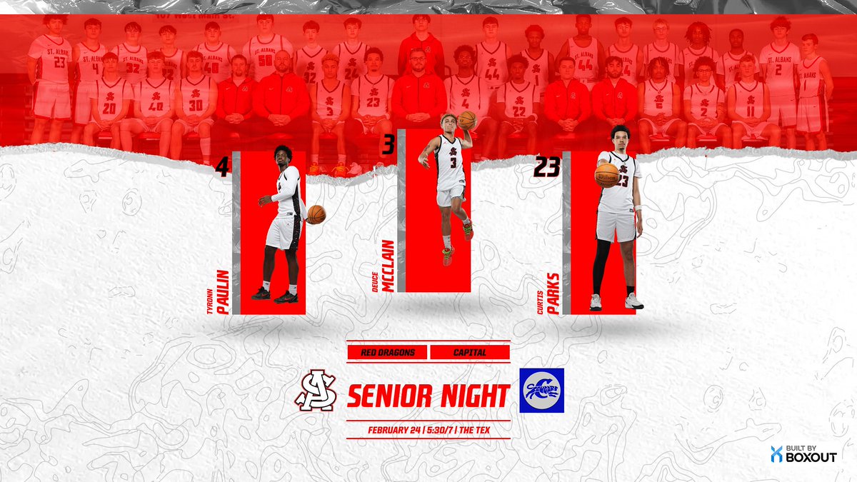 Come on out to the Tex as we celebrate our seniors! 
🏟 Tex Williams Gymnasium 
🐱 Vs Capital 
🗓 February 24 
⏰ 5:30 /7

#reddragonpride