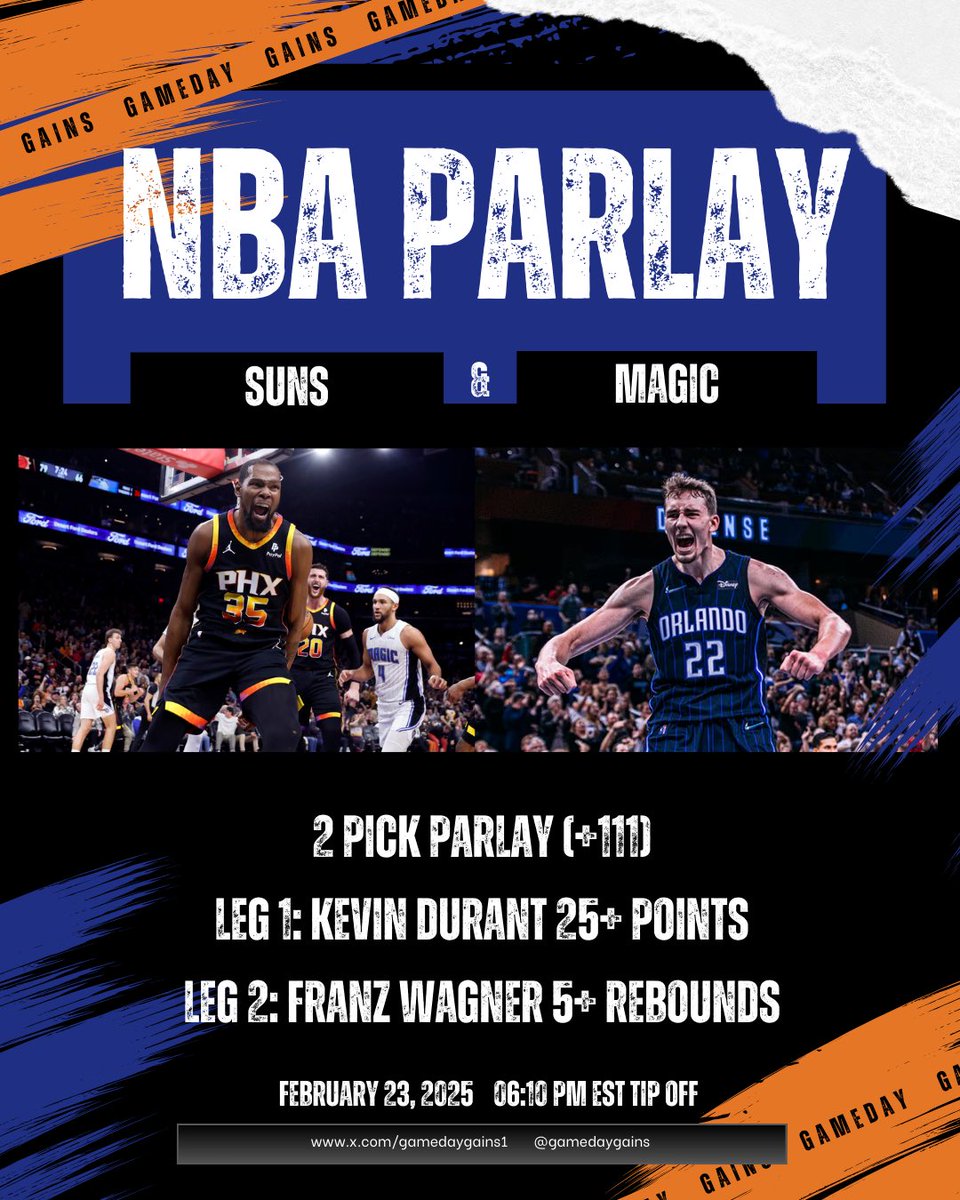 GameDayGains1's tweet photo. 🎯 NBA PARLAY (+111) 🔥

1️⃣ Kevin Durant 25+ Points (-150) 2️⃣ Franz Wagner 5+ Rebounds (-370)

Suns @ Raptors - 6:10 PM EST Wizards @ Magic - 6:10 PM EST

$20 bet pays $42.34 💰

Let’s make it 5 STRAIGHT WINS! 🔥
#NBABets #SportsBetting #GamblingTwitter #parlay #DraftKings https://t.co/bo8sBe4fln
