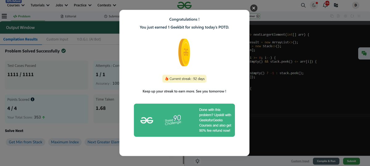 DeepakTyagi626's tweet image. 💡 Day 92: Next Greater Element 🚀
🔹 Given an array, find the next greater element (NGE) on the right.
🔹 Approaches:
✅ Stack-based (O(N), efficient).
✅ Brute force (O(N²), slow).
🔹 Use Cases:
✔️ Stock span
✔️
#GfG160 #MonotonicStack #DSA #NextGreaterElement