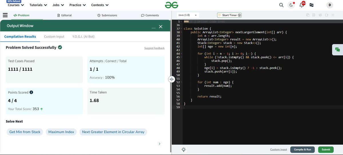 DeepakTyagi626's tweet image. 💡 Day 92: Next Greater Element 🚀
🔹 Given an array, find the next greater element (NGE) on the right.
🔹 Approaches:
✅ Stack-based (O(N), efficient).
✅ Brute force (O(N²), slow).
🔹 Use Cases:
✔️ Stock span
✔️
#GfG160 #MonotonicStack #DSA #NextGreaterElement