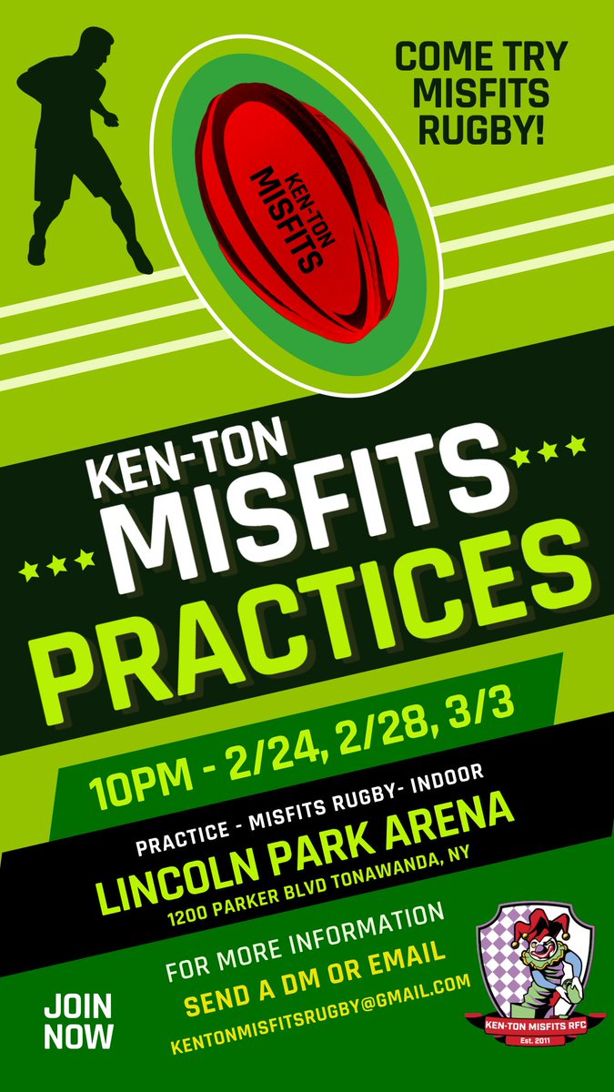 Come Try Misfits Rugby! 
Misfits Spring Schedule 2025
Indoor Practices @ Lincoln Park 
1200 Parker Blvd, Tonawanda, NY
Start time 10:00 PM 
Dates: 2/24, 2/29, 3/3