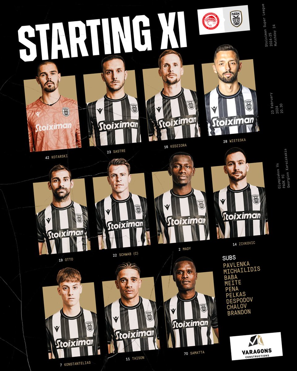 #Starting11 Η αρχική 11άδα της ομάδας μας για το ντέρμπι κόντρα στον Ολυμπιακό στο "Γεώργιος Καραϊσκάκης". #OLYPAOK #StoiximanSuperLeague #stoiximan #slgr #OurWay #PamePAOKARA #VaragonsConstructions