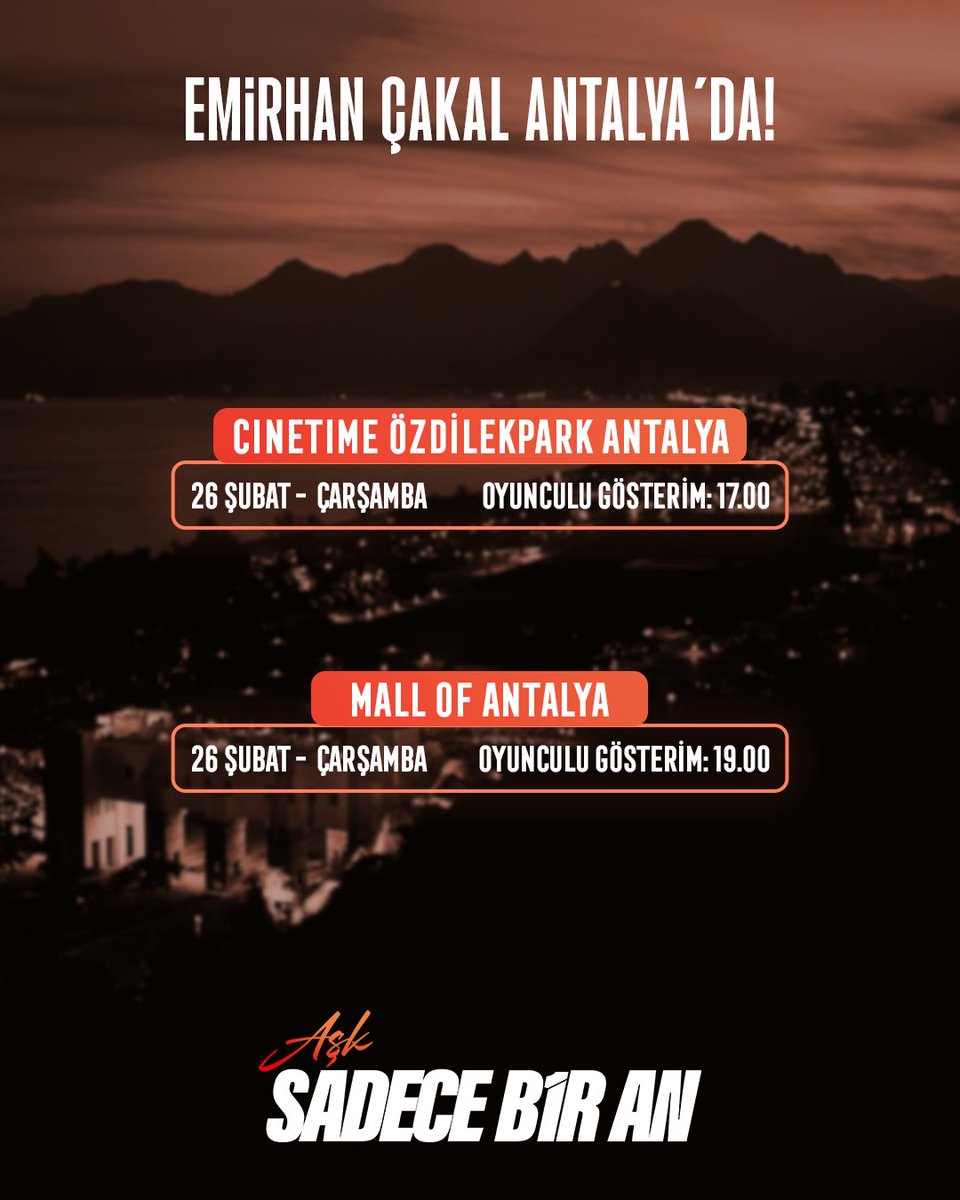 asksadecebiran's tweet photo. Aşk Sadece Bir An oyuncularından Emirhan Çakal, Antalya’ya geliyor! Oyunculu gösterim ve diğer tüm detaylar için ekranı yana kaydırabilirsiniz! 👉🏻

Aşk Sadece Bir An, sadece sinemalarda! Biletler online satışta!

#AşkSadeceBirAn https://t.co/BGKes9pm3E