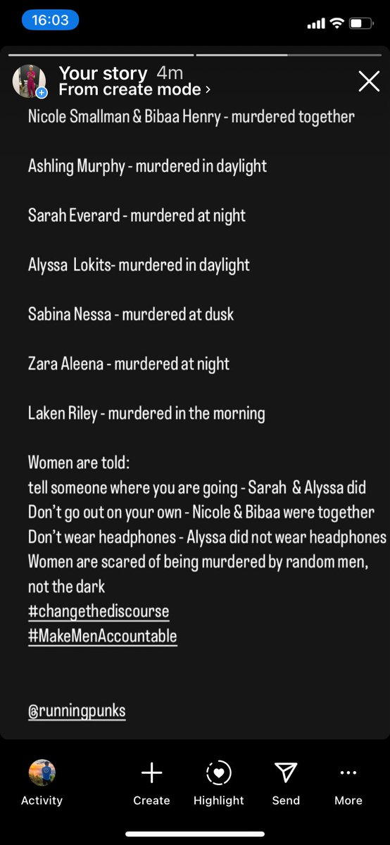 This. This is what’s happening. Women are not scared of the dark, they are scared of being harassed, assaulted &amp; murdered by men. ‘The dark’ kills no one. Help us #changethediscourse and stop talking about ‘women’s safety’ and start talking about men’s behaviours. <a href="/runningpunks/">Running Punks</a>
