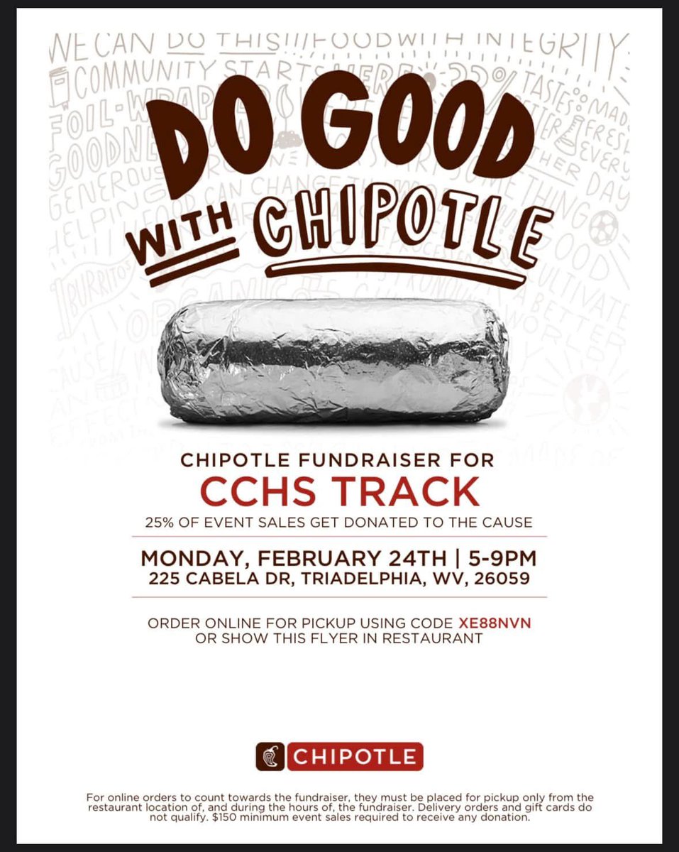 Tomorrow is the day! 
Go to Chipotle at the Highlands from 
5-9 p.m. and support the Track Team! 

Show this flyer or use the code below for online orders at the Highlands Chipotle!