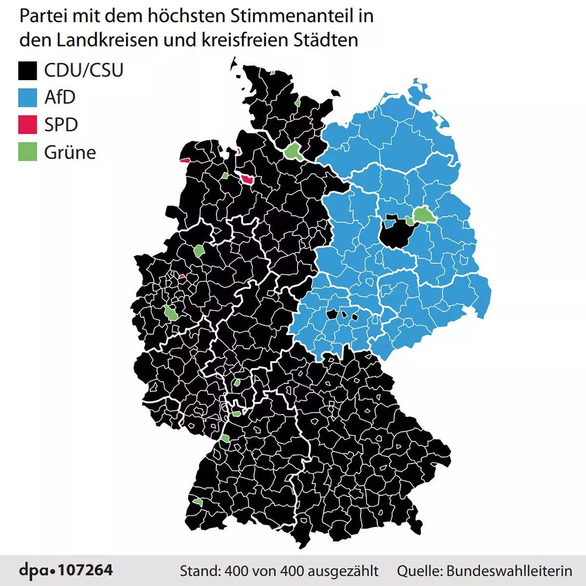 German election map according to exit poll data.

A stark contrast between West Germany and former Communist East Germany.