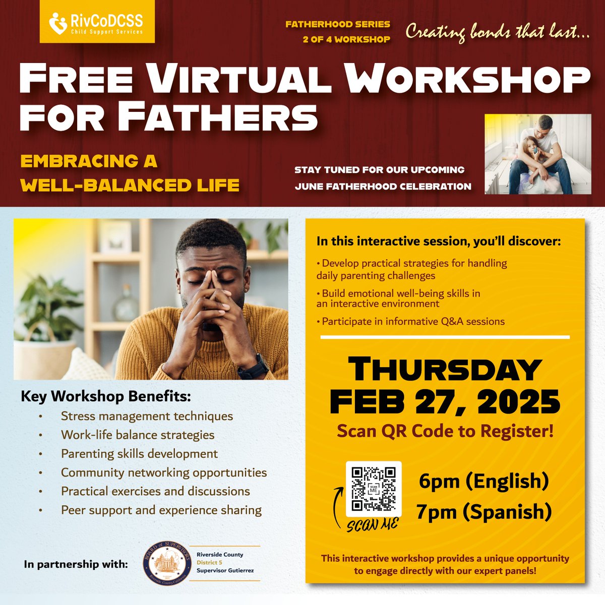 RivCoDCSS's tweet photo. 🌟 Join us for a Fatherhood Workshop with Joe Mathews! Learn parenting strategies &amp; work-life balance. Feb 27: English 6PM, Spanish 7PM. Register: https://t.co/l4Lg5KHLVo #RivCoDCSS https://t.co/D2uD1r1z7h