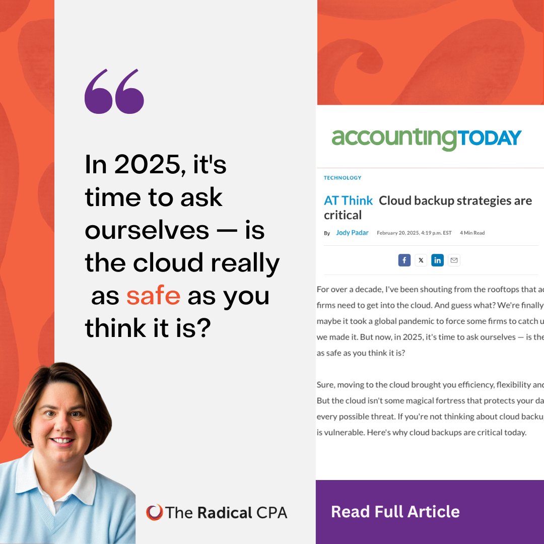 JodyPadarCPA's tweet image. The cloud isn’t immune to risks, and your data is YOUR responsibility. 

On @AccountingToday, I break down why backup strategies are a must:
✔️ Protect client data
✔️ Meet compliance standards
✔️ Out-smart data loss disasters

bit.ly/436hUsf 
#RadicalCPA #CloudData
