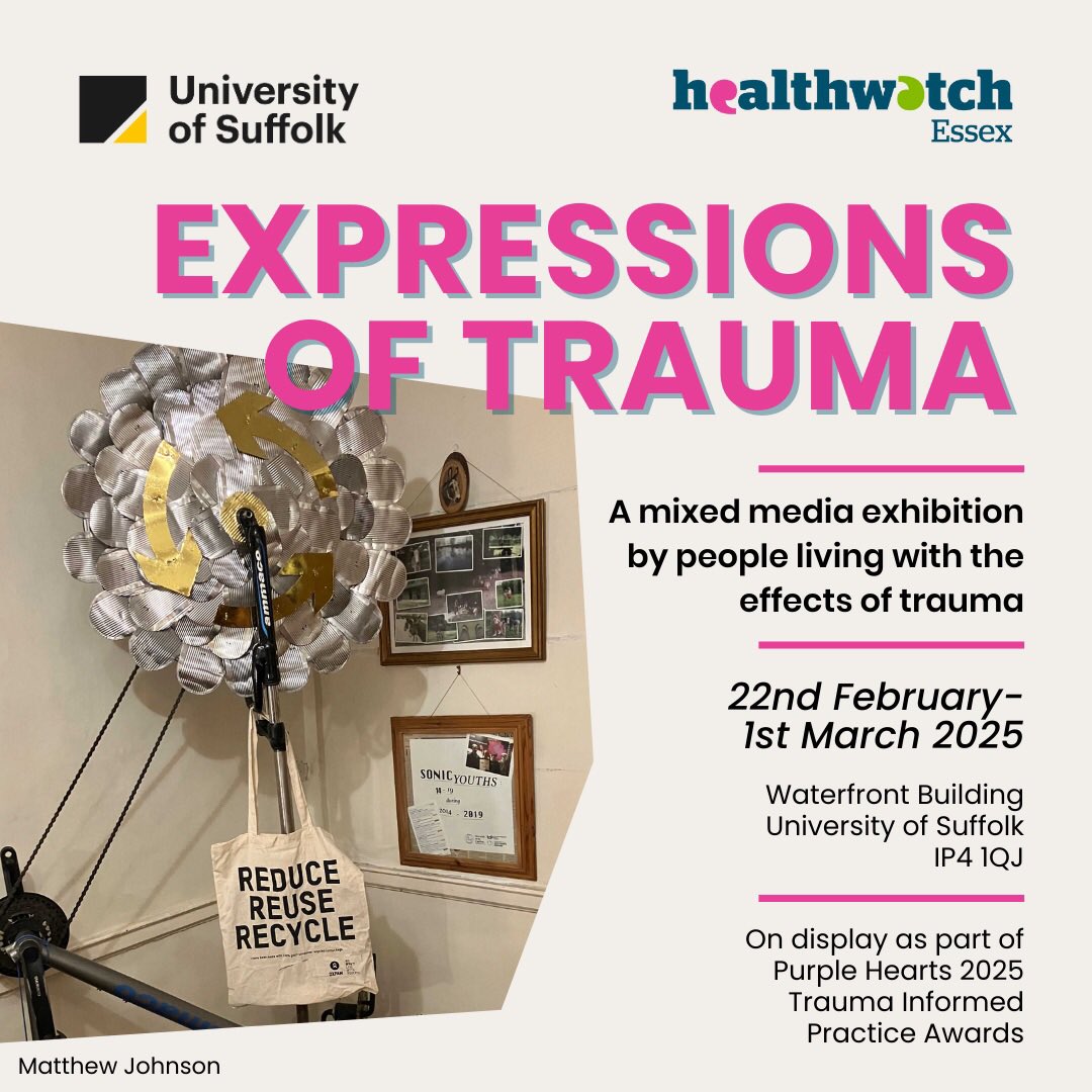 Our Expressions of Trauma exhibition is now on site at the Waterfront Building of the University of Suffolk in Ipswich until Saturday 1st March. It’s open to the public 24 hours a day so please do pop along and see the amazing exhibits.