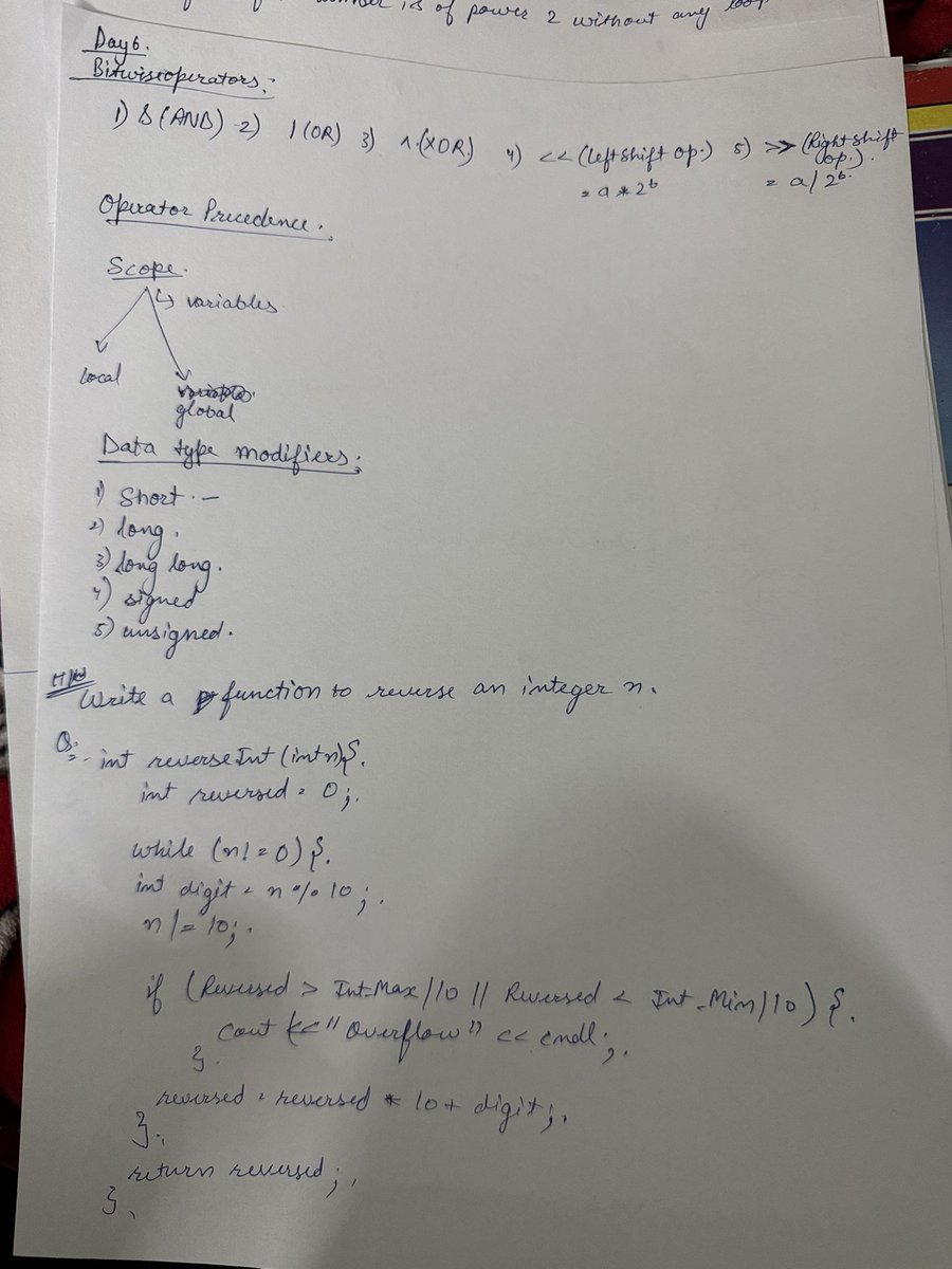 Raghu3339575466's tweet image. "Day 6 of my 100 Days of DSA Challenge! Today, I learned about bitwise operators, scope , and little bit array from @ApnacollegeX by @ @ShradhaKhapra_ Mam. Feeling more confident with every day! #DSA #100DaysOfDSA #BitwiseOperators #Arrays #Scope #LearningJourney"