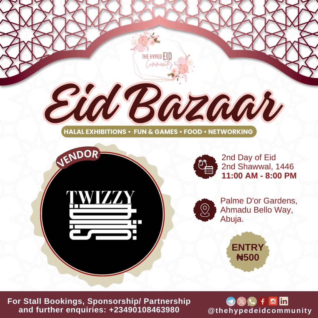 HypedEid's tweet image. @twizzy_nig will be live at #TheHECEidBazaar with their stylish face caps and luxury oil perfumes.

Come discover your new signature scent!

#EidCelebration #EidBazaar #AbujaEvents #CommunityVibes #eid2025 #EidInAbuja #HalalFun #HypedEidFamily #HypedEidCommunity #eidspecial…