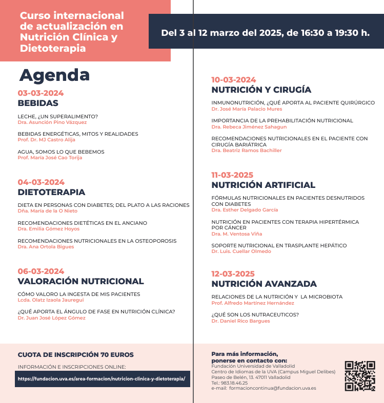 El próximo 3 de marzo comienza la 26ª Edición del Curso Internacional de Actualización en Nutrición Clínica y Dietoterapia
<a href="/danielendocrino/">D de luis</a> <a href="/UVa_es/">Gabinete de Comunicación Universidad de Valladolid</a> 
ienva.org/es/evento/curs…