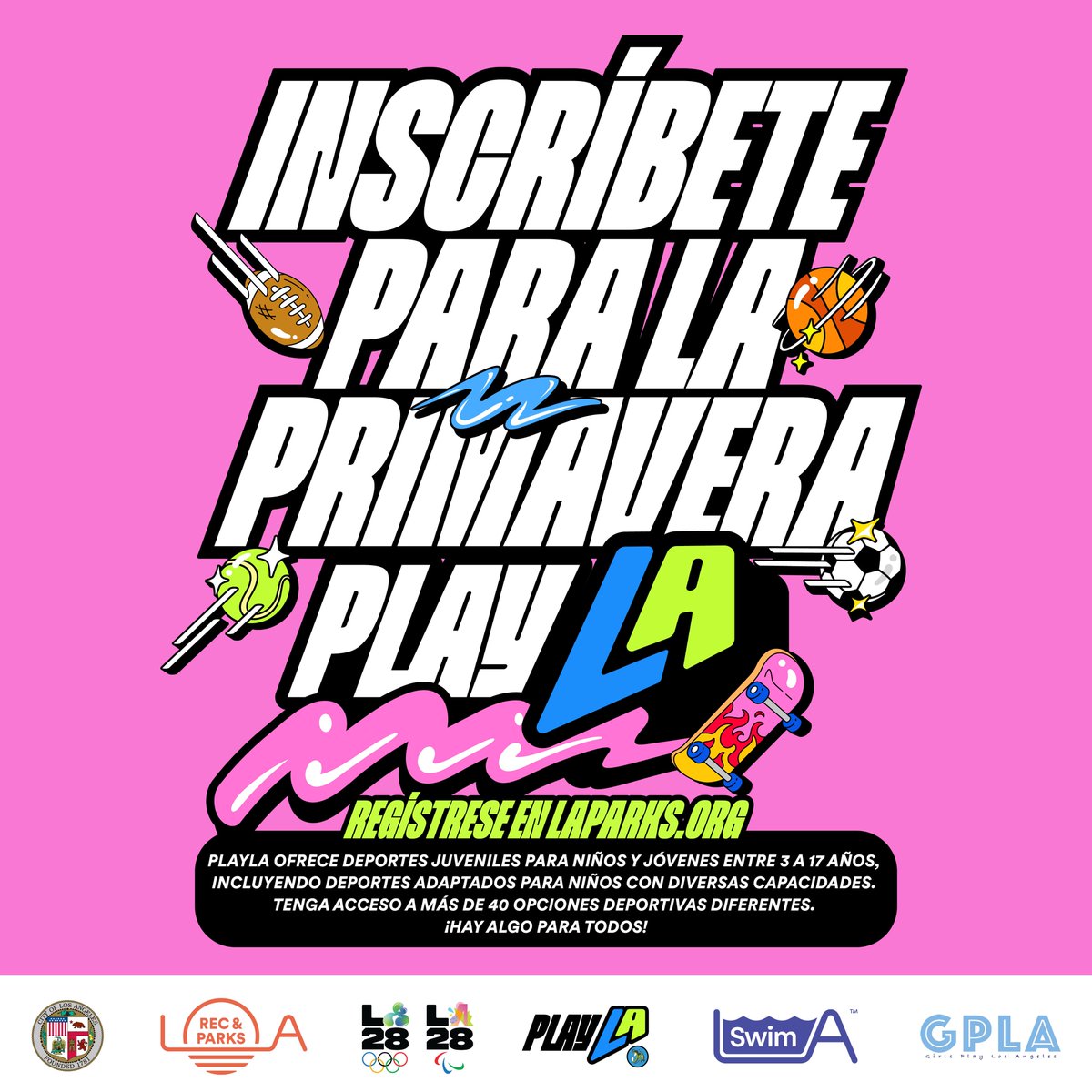 LACity's tweet photo. PlayLA offers classes and clinics for youth sports and adaptive youth sports at just $10 a program! 🏀🎾⚽️🏈
Registration for the PlayLA SPRING season is now open! For more information, visit https://t.co/4TXIsfuhNb #LAParks #ParkProudLA https://t.co/caUeyTRr7O