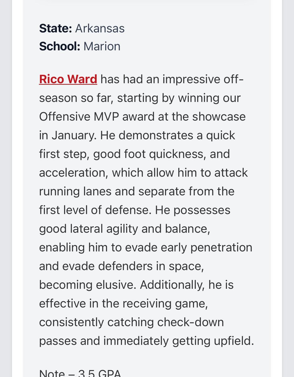 Rico ward (@ricoward15) on Twitter photo Thank you <a href="/coltonedwardsFB/">Colton Edwards</a> for the article! I am very thankful! All coaches class of 26 Rb๐จ recruit a dawg๐ถ
<a href="/CoachLovings/">Marquase Lovings</a> <a href="/CoachHowe/">Shawn Howe</a> <a href="/CoachPete19/">Coach Douglas Petersen</a>
<a href="/CoachSammyMix/">Sam Mix</a> <a href="/Coach_Scott2000/">Hunter Scott</a>
<a href="/alexm_brown/">Alex Brown</a> <a href="/ArRecruitingGuy/">Richard Davenport</a>.
<a href="/Hunter_DeNote/">Hunter DeNote</a> <a href="/Enrique__Davis/">Coach Enrique Davis</a> <a href="/Zach_Berry_/">Zach Berry</a> <a href="/TomLoy247/">Tom Loy</a> Thank you <a href="/coltonedwardsFB/">Colton Edwards</a> for the article! I am very thankful! All coaches class of 26 Rb๐จ recruit a dawg๐ถ
<a href="/CoachLovings/">Marquase Lovings</a> <a href="/CoachHowe/">Shawn Howe</a> <a href="/CoachPete19/">Coach Douglas Petersen</a>
<a href="/CoachSammyMix/">Sam Mix</a> <a href="/Coach_Scott2000/">Hunter Scott</a>
<a href="/alexm_brown/">Alex Brown</a> <a href="/ArRecruitingGuy/">Richard Davenport</a>.
<a href="/Hunter_DeNote/">Hunter DeNote</a> <a href="/Enrique__Davis/">Coach Enrique Davis</a> <a href="/Zach_Berry_/">Zach Berry</a> <a href="/TomLoy247/">Tom Loy</a>