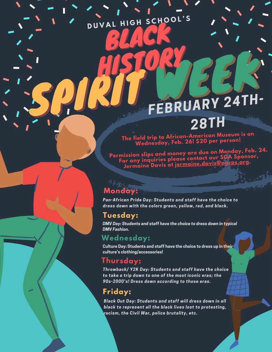 Celebrate Black History Month with our Spirit Week Dress Down Days this week, February 24-28! See the flyer for each day’s theme and join the fun as we unite in pride and style. #BlackHistoryMonth #SpiritWeek <a href="/DuValHSTigers/">DuVal Athletics</a> <a href="/DuValPTSA/">DuValPTSA</a> @LargoBiz <a href="/DuvalCheerlead1/">DuVal Cheerleaders🎀</a> <a href="/Football_DuVal/">DuVal High School Football</a>