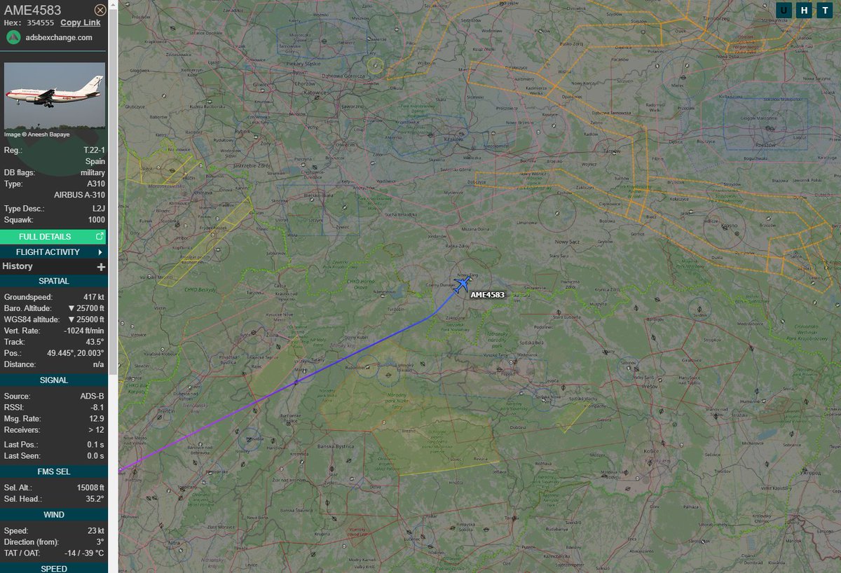 PolishMilRadar's tweet photo. ⌚️ 23.02 19:02LT
🇪🇸 Hiszpańskie Siły Powietrzne
✈️ Airbus A310-304 "T.22-1"
#AME4583 zniża ⬇️
🛫 Granada #LEGR
🛬 Rzeszów Jasionka #EPRZ
🔗https://t.co/5EjMVkbOD7
#POLMILRADAR https://t.co/8xl1mUsnIn