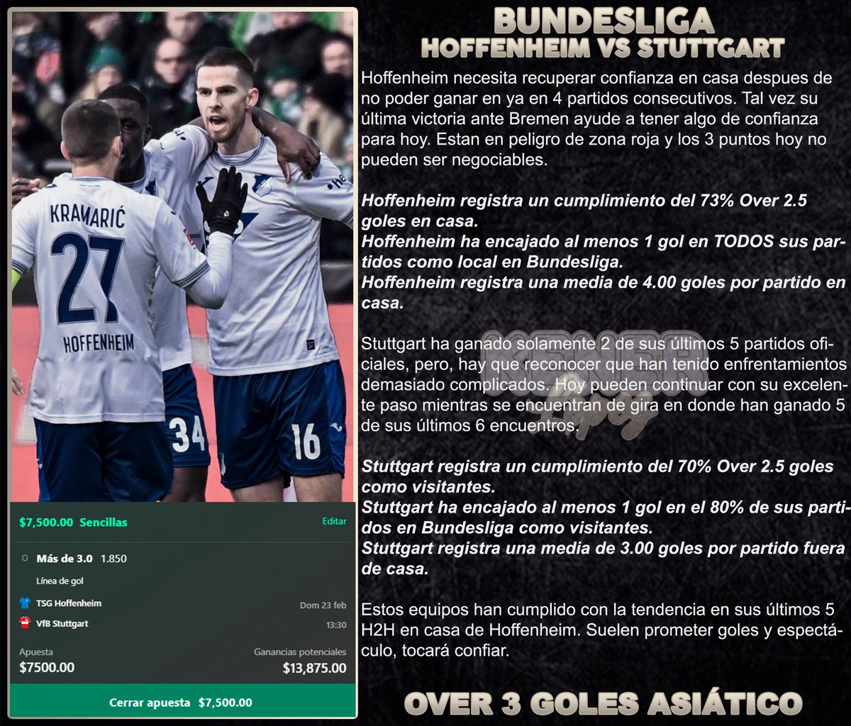 #FreePick

🇩🇪 Hoffenheim vs Stuttgart

- Over 3 goles @ 1.85

Dos equipos con buena tendencia y estadística de goles, combinado también con sus últimos cara a cara. Esto me encanta.

¡Deja tu ❤️ si me estás siguiendo!

#GamblingX