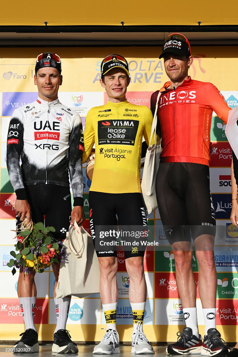 faustocoppi60's tweet image. Same as in the last 2 years, Jonas Vingegaard won his first race of the 2025 season. 🏆 Home favourite, Joao Almeida had to settle for 2nd. The only Ineos GC leader who managed to not break his collarbone this week, Laurens De Plus finished 3rd. 💪
#VoltaaoAlgarve