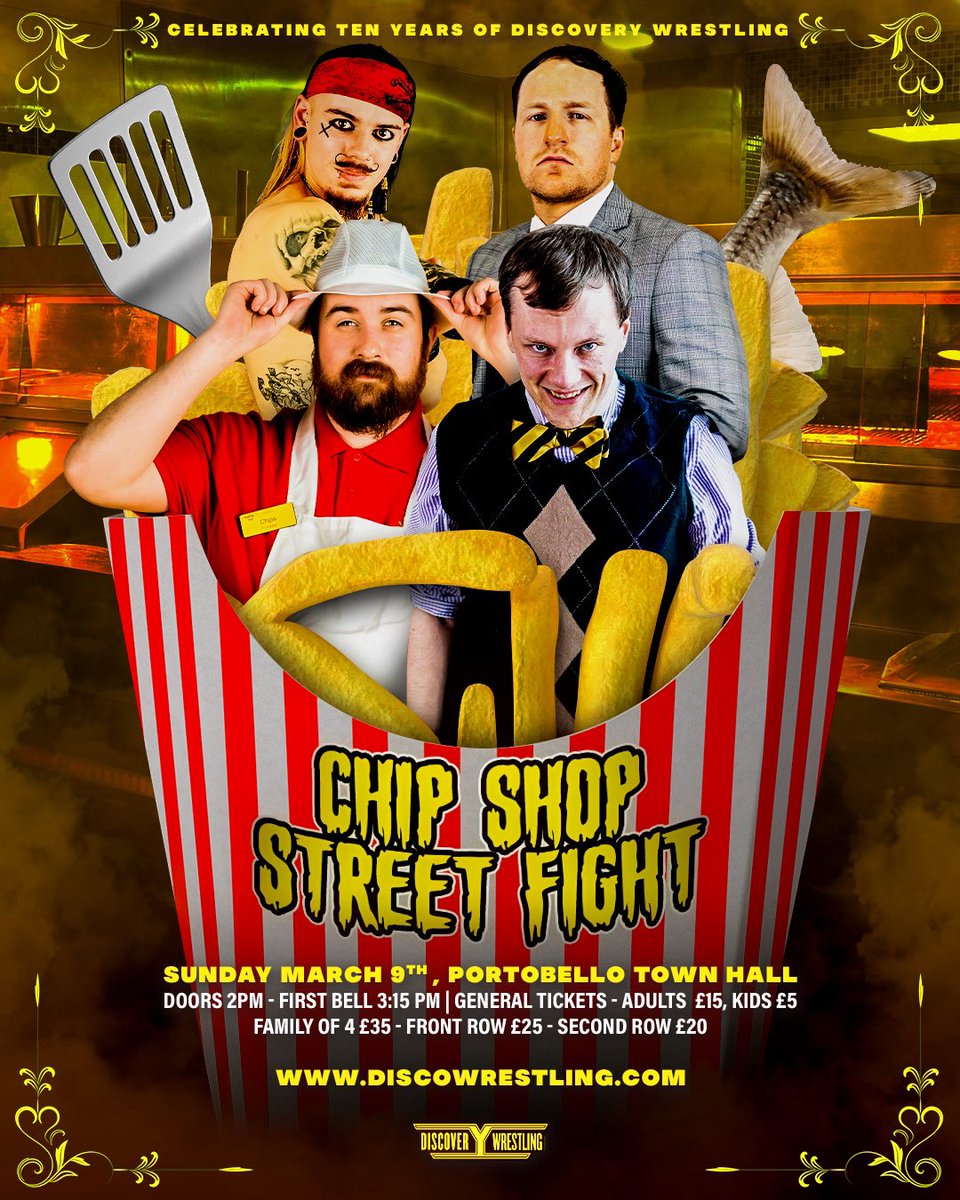 DiscoWrestling's tweet photo. 🚨MATCH ANNOUNCEMENT🚨

At Year 10, The Disco Fry look to get revenge as they take on James Erdos &amp; Thatcher Wright in the world’s first Chip Shop Street Fight 🍟🔥 

Limited GA tickets still available via link in tweet below 👇 https://t.co/TmhTLI5ToW