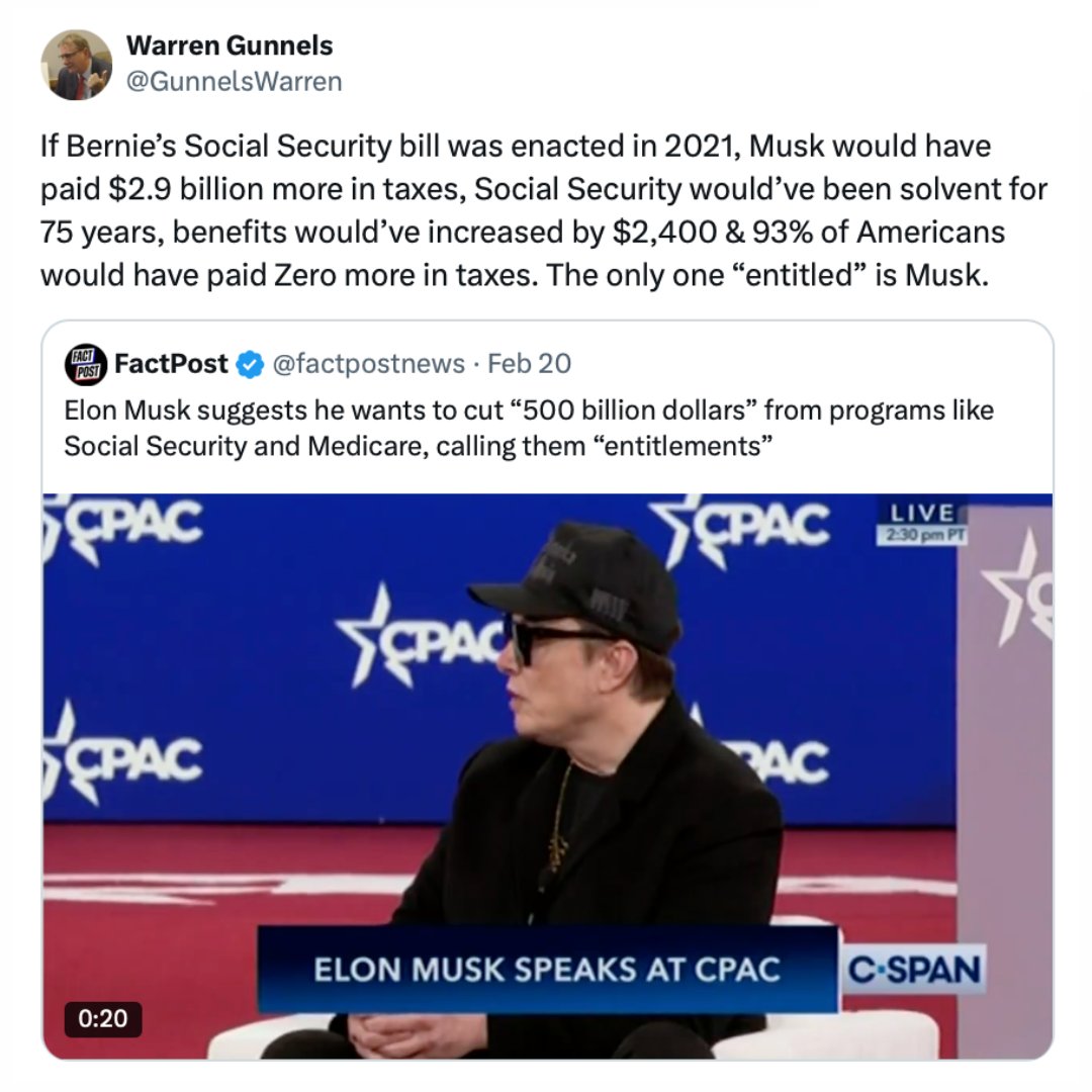 OurRevolution's tweet image. Warren Gunnels: "If Bernie’s Social Security bill was enacted in 2021, Musk would have paid $2.9 billion more in taxes, Social Security would’ve been solvent for 75 years, benefits would’ve increased by $2,400 and 93% of Americans would have paid Zero more in taxes. The only one…