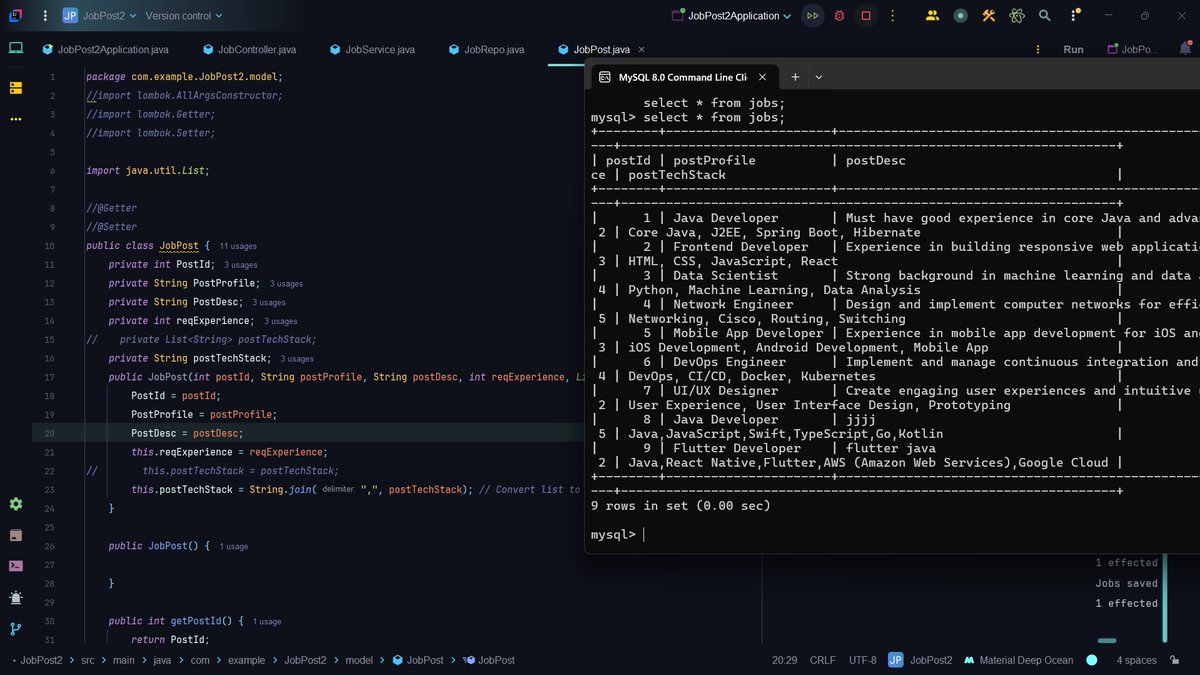Chaitanya13107's tweet image. 🚀 Day 115 of #150dayslevelup by @siamjuit!
🔹 Created a MySQL database for the Job Portal project.
🔹 Connected the application with MySQL to fetch and store job data.
#SpringBoot #SpringMVC #MySQL #Java #WebDevelopment