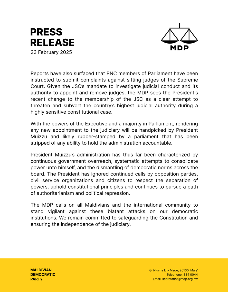 Press Statement: MDP Condemns President Muizzu’s Attempts to Undermine the Constitution and Subvert Judicial Independence
